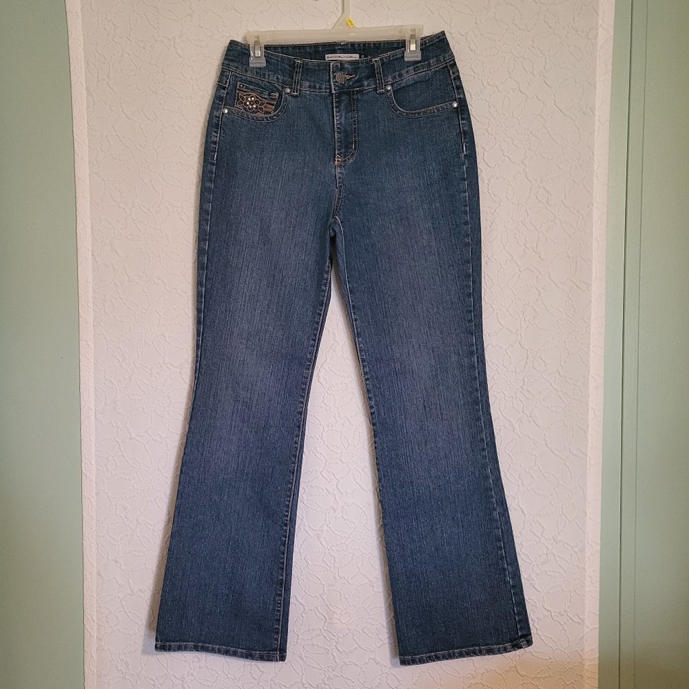 Bandolino Blue Boot Cut Jeans w/Brown Embroidered Floral Detailed Pockets Size 6
